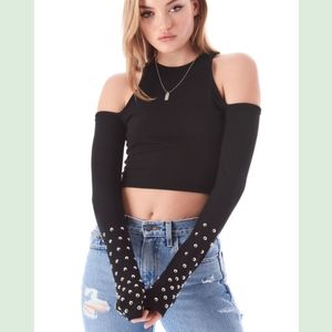 LF Stores Emma & Sam Black Cold Shoulder Black Ribbed Knit Studded Sweater Top